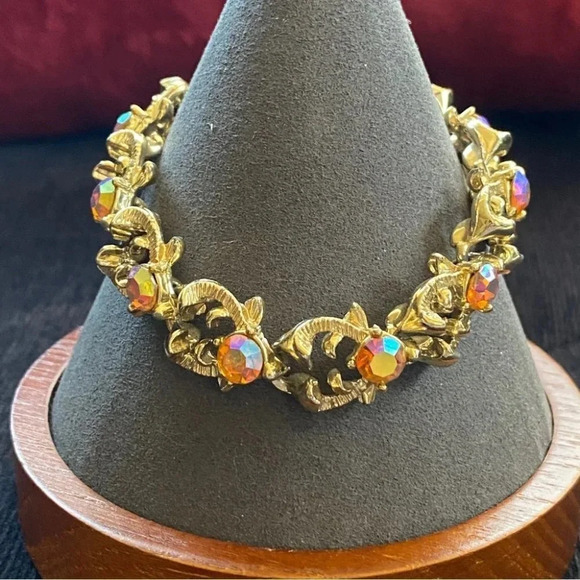 Unique Vintage Jewelry - Luminous Orange Pink  AB Ornate Rhinestone 7in Bracelet with Fold Over Clasp